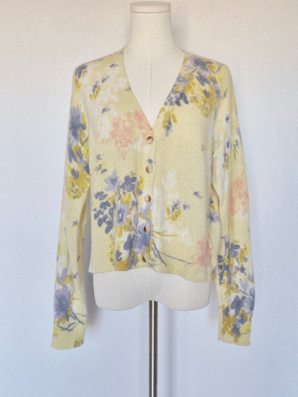 Sundance Dahlia Bloom Wool Blend Floral V-Neck Button Cropped Cardigan Yellow